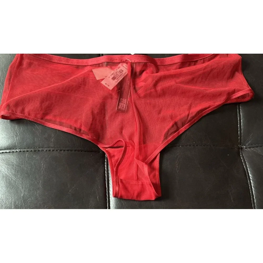 Victorias Secret Red Lace Sheer Mesh Cheeky Panty Gold Heart Charm Sz Medium NWT